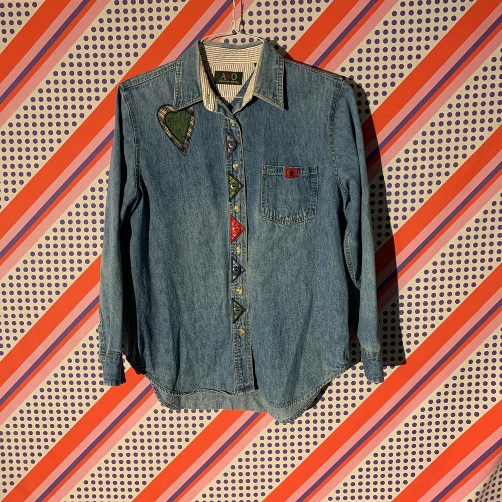 American Outpost Vintage 90s Embroidered Heart Denim Shirt Americana Blue Medium